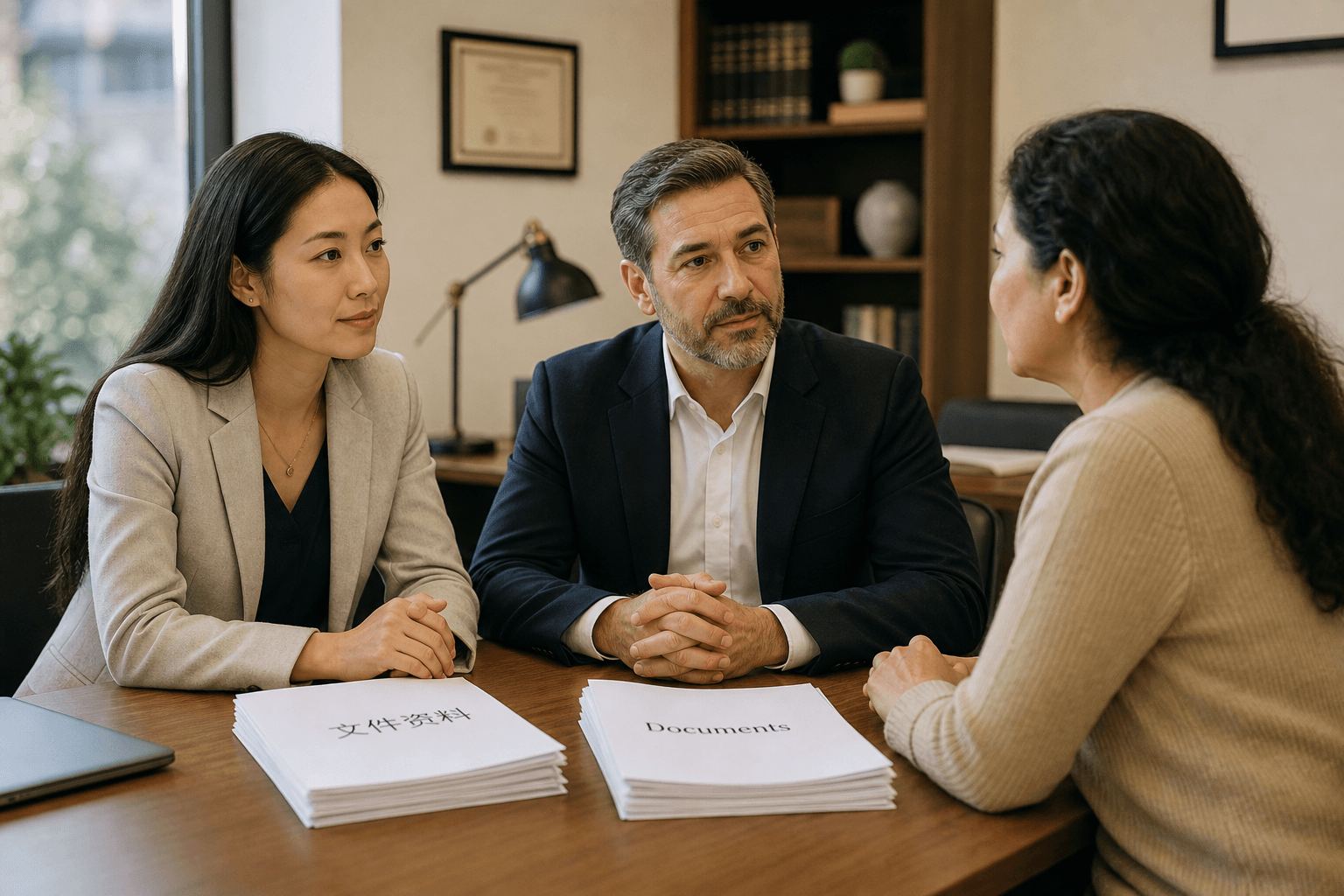 Bilingual professionals reviewing documents during a consultation in a modern office.
