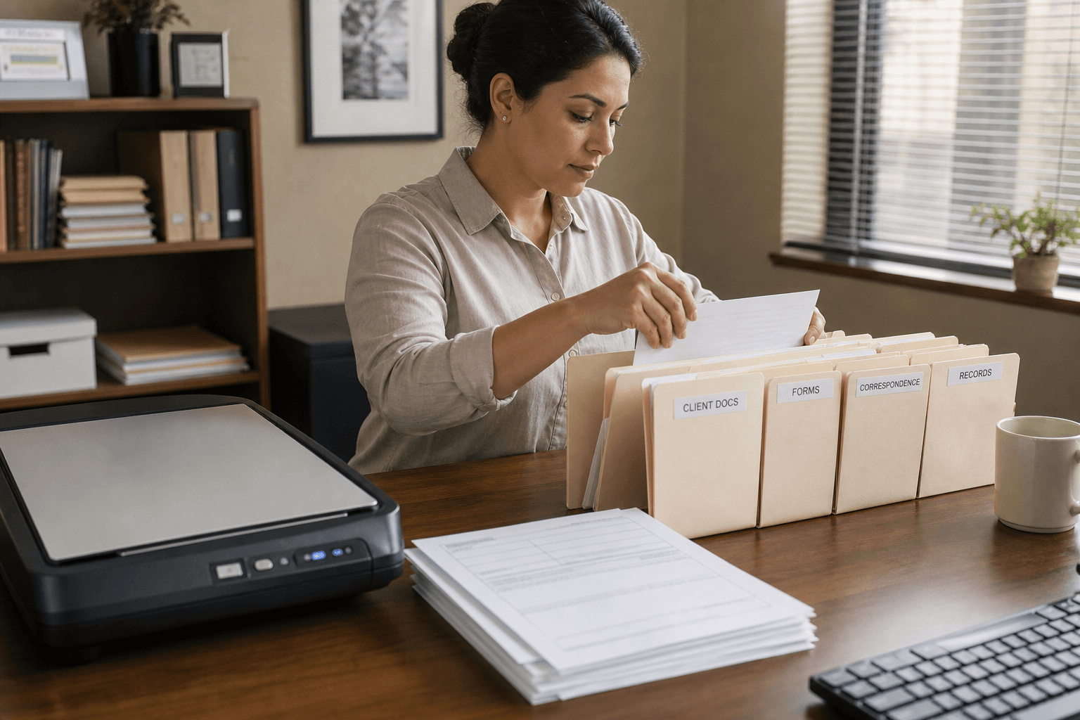 Administrative document preparation with folders, forms, and scanning equipment in a professional office.
