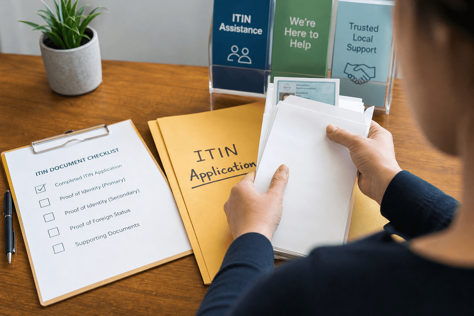 Specialist organizing application documents and checklists for identity verification assistance.