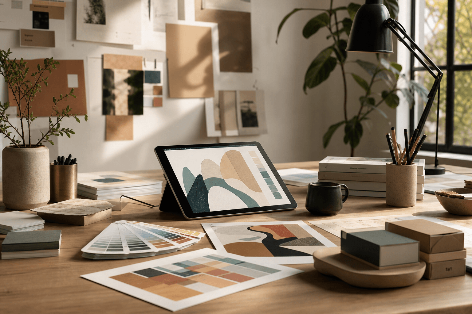 Creative design studio workspace with prints, branding materials, and digital design tools.