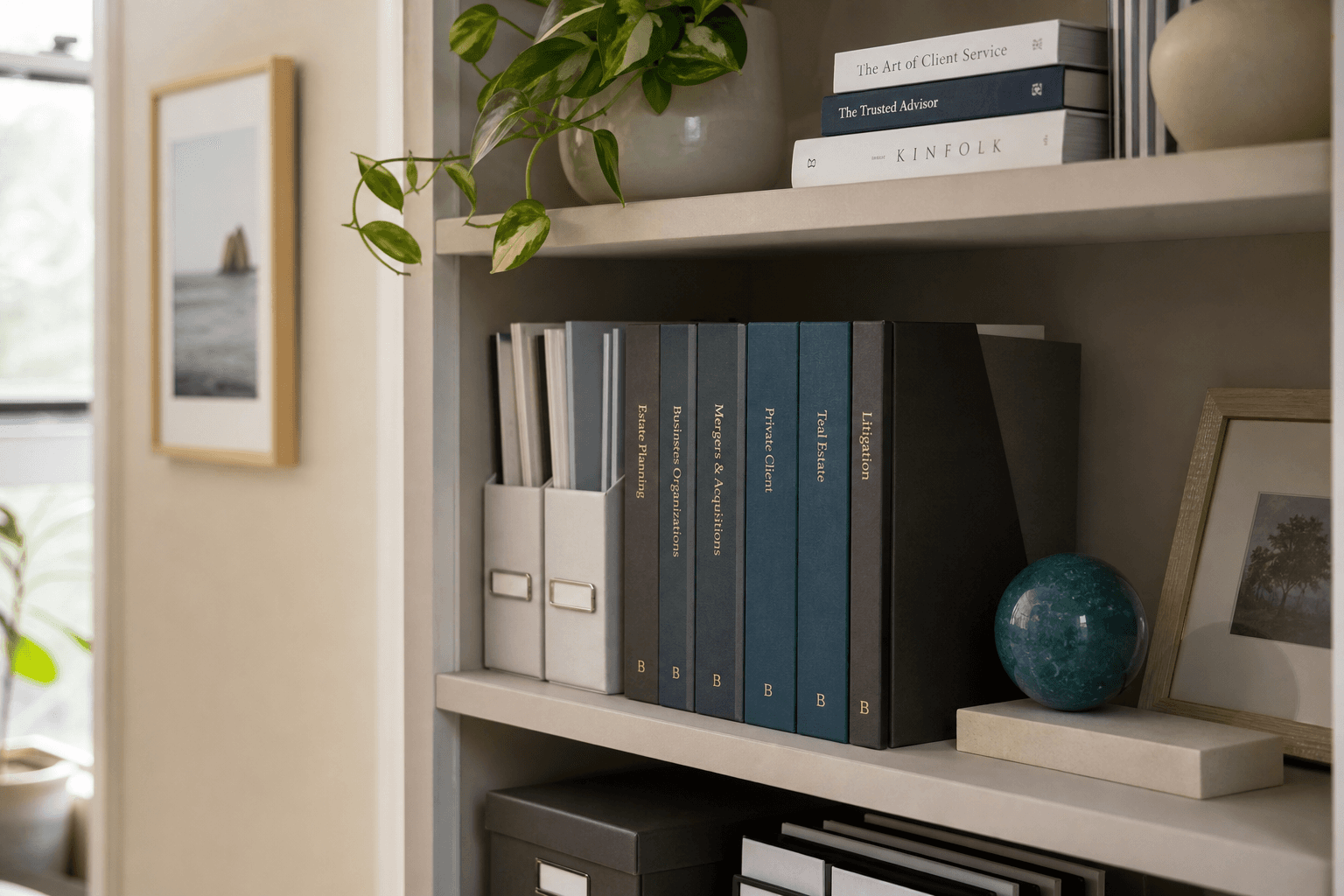 Refined professional office interior with organized folders and warm natural light.