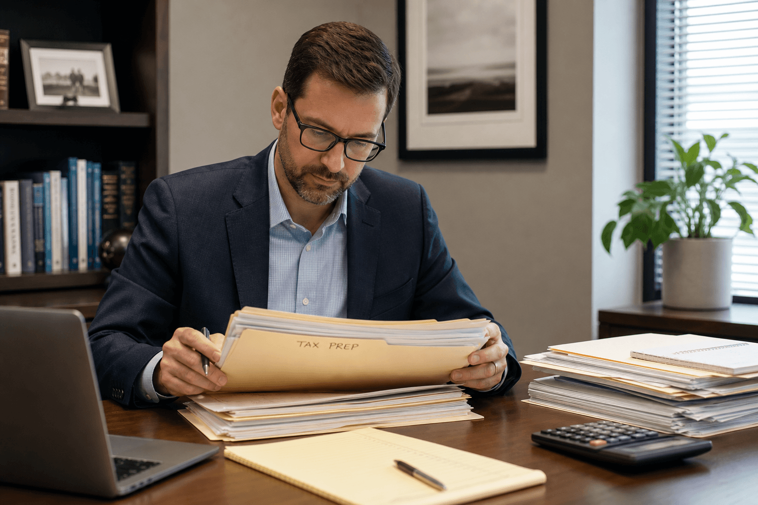 Tax professional reviewing organized folders and records at a desk without visible personal information.
